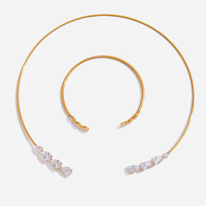 Ensemble bracelet et collier en zircon en forme de larme en acier inoxydable plaqué or 18 carats pour femmes, bijoux de fête - Product Image 1