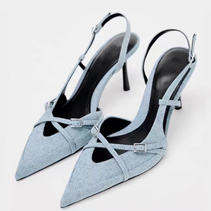 Sandales en jean à brides croisées pour femmes, talons moyens, chaussures à bride arrière, escarpins en cuir verni à bout pointu et fermé - Product Image 4