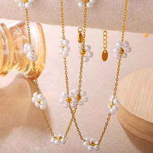 Floral <b>Bracelet</b> And Necklace <b>Set</b> Imitation Pearl Gold Plated Women's Jewelry Party Fashion - Product Image 3