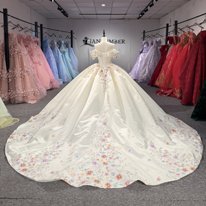 Dy8561 Ivory Shoulder Floral Embroidery Ball Gown Wedding Dress Beaded <b>Corset</b> Appliques Natural Waist Chapel Train Bridal Party - Product Image 4