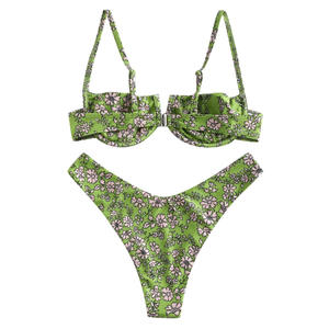 Бикини с высоким вырезом, женский фиолетовый купальник на косточках с цветочным принтом, бразильские летние купальники, купальный костюм, стринги, микро купальники - Product Image 4