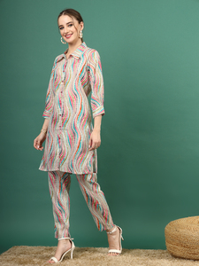 ชุดคุर्ติสผู้หญิง Rama Kurtis สำหรับฤดูร้อน แบบลำลอง 2 ชิ้น ความยาวระดับเข่า แขนยาว ลายดอกไม้ ทรงเอไลน์ ผ้าฝ้ายผสมโพลีเอสเตอร์ ชุดคุर्ติและกางเกงขายาว - Product Image 4