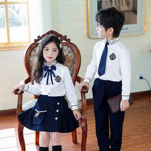 Primary <strong>School</strong> Students' British-Style <strong>School</strong> Uniform White Shirts <strong>Navy</strong> Skirts <strong>Trousers</strong> with Custom Embroidered <strong>School</strong> Badge - Product Image 1