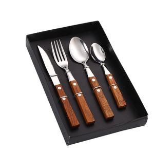 304 Stainless Steel Rosewood Handle <b>Knife</b> Fork Spoon Set 4 Pieces Serrated Edge Polished Blade For Restaurant Western Cuisine - Product Image 5