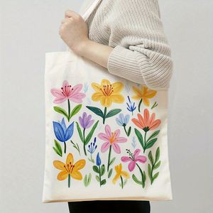 Cadeaux promotionnels, sac fourre-tout en toile imprimé avec des motifs de fleurs printanières en aquarelle, adapté à un usage quotidien, au shopping, à l'école et aux voyages - Product Image 6