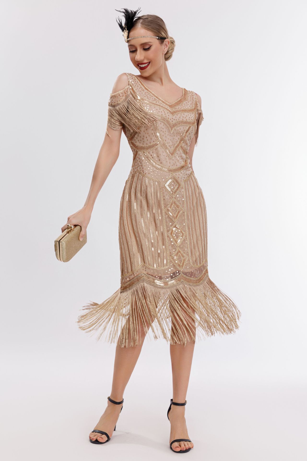 1920s Evening Dress - off Shoulder Tassel Gatsby Midi