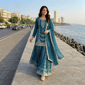 Conjunto de Kurta Sharara Dupatta Azul Bordado, Traje Tradicional Indio para Mujer, Ropa Festiva para Bodas y Fiestas - Product Image 1