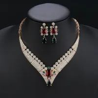 Magnifique Ensemble Collier et Boucles d'Oreilles en Zircon Cubique Blanc, Rouge, Vert, Plaqué Or Vintage, pour Mariage et Soirée Femme, 2 Pièces CN11227