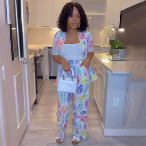 Ensemble de mode pour femmes d'été, 2 pièces, chemise à manches courtes à imprimé feuilles et pantalon, ensemble deux pièces tendance - Product Image 2