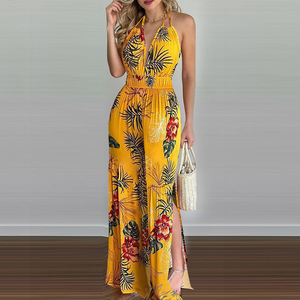Combinaison élégante et décontractée pour femme, style européen et américain, col en V, longueur ras du sol, boutonnée, imprimée et colorée, vente en gros - Product Image 6