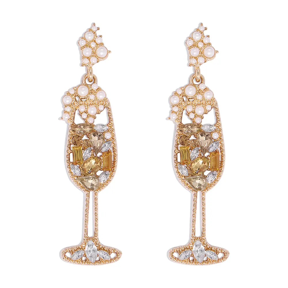 SC New Charming Imitation Diamond Pearl Drop Earrings Fashion Cocktail Cup Champagne Glass Drop Stud Earrings for Women Girls