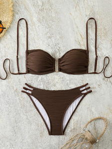 Conjunto de bikini triangular de color liso con fruncido sexy para mujer, con lazo en la espalda, sin espalda, de 2 piezas, para playa - Product Image 5