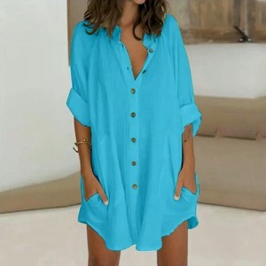 Mulheres Single Breasted Camisa Vestido Sólido Stand Collar Pocket Dresses Manga Longa Lady Summer Beach Cover up Dress - Product Image 6