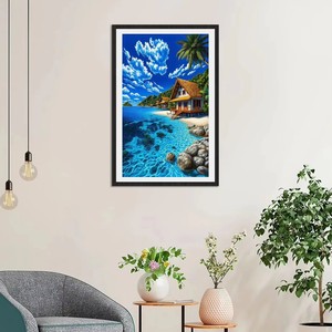 Peinture de paysage moderne de maison en bord de mer sous le ciel bleu, impression haute définition sur toile, articles de décoration pour la maison - Product Image 1