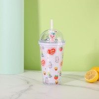 Superbe Gobelet Isotherme en Plastique à Double Paroi de 450 ml, Thème Lapin et Ours Fraise, Anti-fuite, avec Paille Décorative et Paillettes Argentées