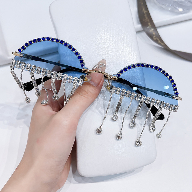 5339 Rimless Tear Shape Rhinestone Sunglasses With Stone Brand Sunglasses Chain Chains Mesh Decoration Photography Glasses