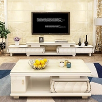 Ensemble moderne et épuré de meuble TV et table basse en marbre, avec fonction rétractable, en bois massif, idéal pour le salon, mobilier de maison en bois.