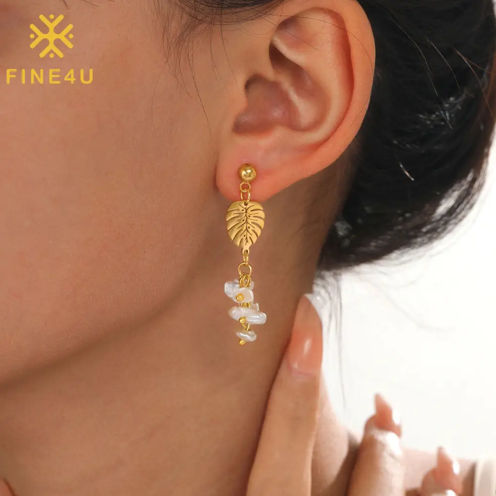 Trendy Women Fashion Jewelry 18K Gold Plated Leaves Dangle Drop Stainless Steel Bridal Pearl Earring