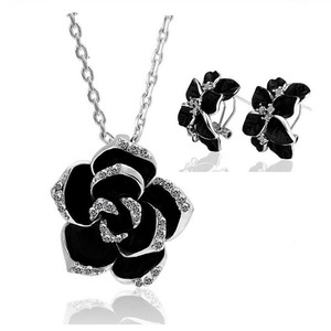 Set di gioielli <span class=keywords><strong>da</strong></span> donna di moda in tre <span class=keywords><strong>pezzi</strong></span> placcato in lega rame nero rosa <span class=keywords><strong>otto</strong></span> petalo camelia orecchini anello di fidanzamento di nozze - Product Image 4