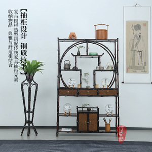 Bamboo Three Drawer Antique Shelf Round Solid Wood Display Cabinet Tea Room Storage Furniture - Product Image 5