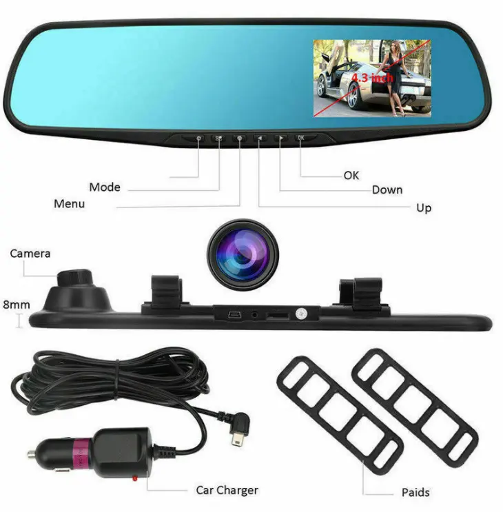 Gương Chiếu Hậu Xe Hơi 4.3 Inch 1080P, Camera Ghi Hình Lái Xe Full HD 1080P, Ống Kính Kép, Camera Hành Trình