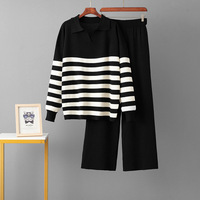 Ensemble Personnalisable Deux Pièces pour Femme, Pull Tricoté Élégant et Pantalon Long Rayé, Collection Hiver Automne Décontractée