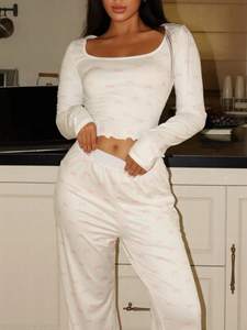 Wholesale Fitted Long Sleeve <strong>Crop</strong> Top Cotton Pyjamas Sleepwear Bow Print Modal Custom PJ Bamboo <strong>Pajamas</strong> for Women Sets - Product Image 2