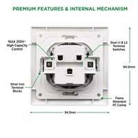 Sakelar Dinding Kolani Standar EU 84x84mm 2G 2W, Sakelar Tombol Ganda 16AX 250V Putih Gloss PC untuk Kontrol Lampu Dalam Ruangan Multi-zona