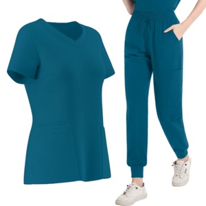 Women's Scrub Set Short Sleeve V Neck Top With Pockets Jogger Pants Purple Medical Uniform For Nurses And Salon Staff - Product Image 5