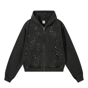 Cardigan à capuche zippé pour homme avec strass, 450 g/m², effet délavé, style streetwear américain vintage, personnalisable avec logo - Product Image 3