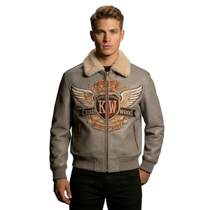 Blouson <span class=keywords><strong>aviateur</strong></span> en cuir pour homme, en peau d'agneau grise de qualité supérieure, personnalisable avec broderie unie, <span class=keywords><strong>col</strong></span> en fourrure, grandes tailles, hiver, OEM - Product Image 1