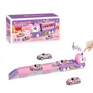 Camion de transport de piste de course Licorne, 2-en-1 pliable avec lumière et musique, ensemble de voitures à friction pour enfants de 3 ans et plus - Product Image 1