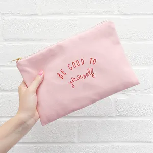 Custom Logo Small Pink Cotton Make Up Bag Plain Recycled Black Canvas Cosmetic Bag With Gold Zipper