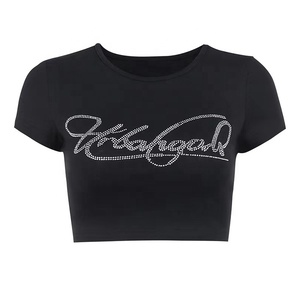 Canotte Lavorate a Maglia Personalizzate, Magliette da <span class=keywords><strong>Donna</strong></span> a Maniche Corte in <span class=keywords><strong>Cotone</strong></span> ad Asciugatura Rapida, Crop Top con Stampa DTF, Logo Frontale con Strass Stile Y2K - Product Image 1