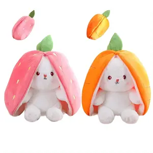 नरम भरवां पशु खिलौने फल गाजर स्ट्रॉबेरी तकिए प्यारा स्क्विशी खरगोश फ्लिप गुड़िया प्रतिवर्ती बनी आलीशान