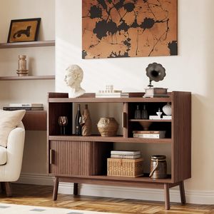 SENYU Modern Solid <b>Wood</b> Side <b>Cabinet</b> with Open Storage & Slatted Sliding Doors Mid-Century Accent <b>Cabinet</b> <b>for</b> <b>Living</b> <b>Room</b> OEM/OD - Product Image 3