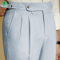 Pantalon Décontracté Homme d'Été Léger en Seersucker Rayé Bleu Naples Taille Haute à Coupe Droite avec Boucles