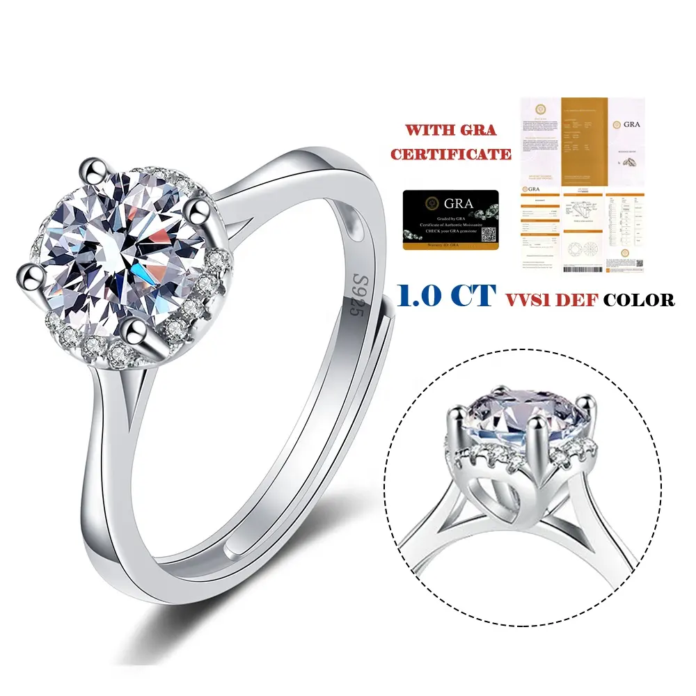 แฟชั่นผู้ผลิตเครื่องประดับผู้หญิงเงิน925แหวน Moissanite เพชรรอบสดใสตัดแหวนนิ้วเงินแหวนแต่งงาน S925