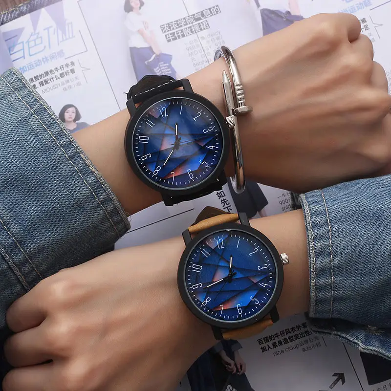 WT0115 Fashion Couple Watches Casual Retro Quartz Lovers Wristwatch Black Leather Unisex Large Dial Student Clock