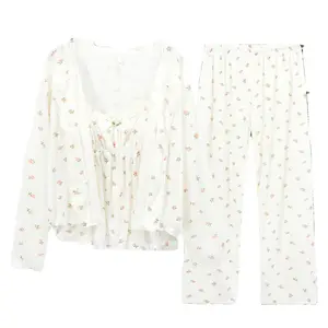 Women's Cotton Long-Sleeved Pajamas With Chest Pads Pure Desire Homewear Three-Piece Suit