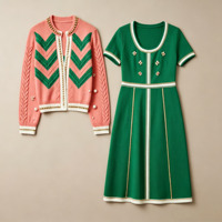 Ensemble de vêtements pour femmes à manches longues, nouvelle mode, de haute qualité, veste en tricot, col rond, robe courte verte