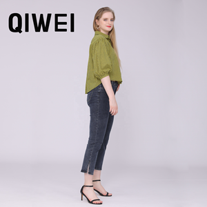 Blus dan atasan kemeja kotak-kotak warna kuning, baju wanita musim panas kancing hitam - Product Image 6