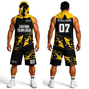 Ensemble de maillots de basketball personnalisés pour hommes, sans manches, à capuche, imprimé géométrique sublimé, anti-humidité, vêtements de sport lavés, grandes tailles - Product Image 1