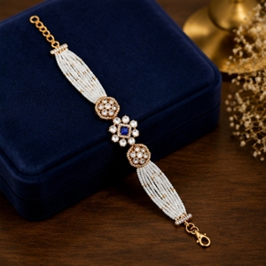 Elegante Pulsera de Cadena de Plata 925 para Mujer con Cuentas Blancas y Detalles de Moissanita, Joyería India Tradicional Hecha a Mano para Fiestas - Product Image 4