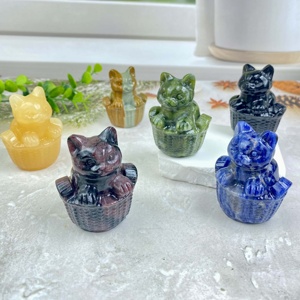 Оптовые натуральные целебные кристаллы в виде резных фигурок животных: кошка в бамбуковой корзине для декора дома - Product Image 4