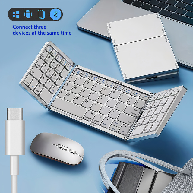 Ultra Slim 3-Fold Wireless Keyboard and Mouse Combo Rechargeable Portable Computer Set for Tablet Laptop and Mobile Phone