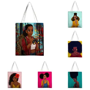 アフリカの黒人女性の環境にやさしいキャンバストートバッグカスタムロゴまたは漫画プリントハンドルショッピングハンドバッグ