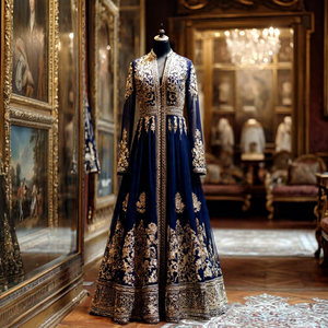 Traditional Blue Velvet Embroidered <b>Jacket</b>,lehenga with Dupatta With Floral Pattern <b>For</b> <b>Women</b> India Pakistan Style <b>Wedding</b> dress - Product Image 1