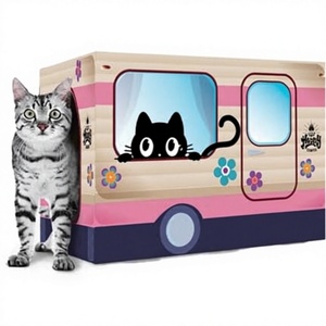 Casa para Gatos de Cartón con Rascador, Diseño Rectangular con Patrón de Flores, Cueva Acogedora para Gatos y Gatitos de Interior - Product Image 2