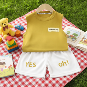 Nuovo Completo Estivo per Bambini in Cotone Piqué, Canotta e Pantaloncini, Stile Coreano Sportivo con <span class=keywords><strong>Motivo</strong></span> a Lettere, Due Pezzi - Product Image 1